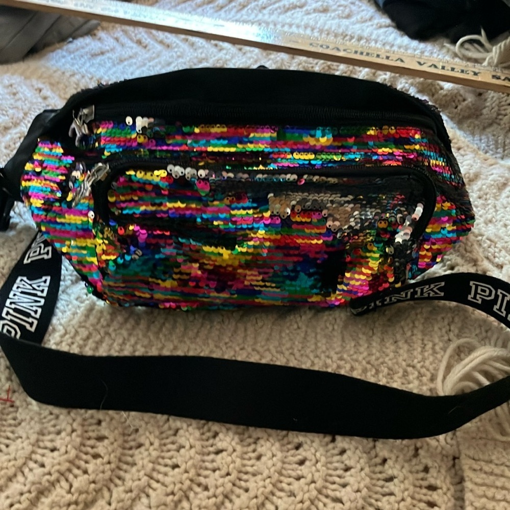 PINK Victoria's Secret rainbow sequins Fanny pack with dog charms